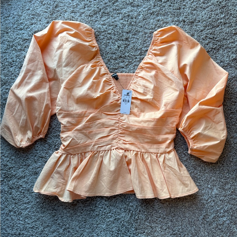 Express Peach Ruched V-Neck Peplum Blouse